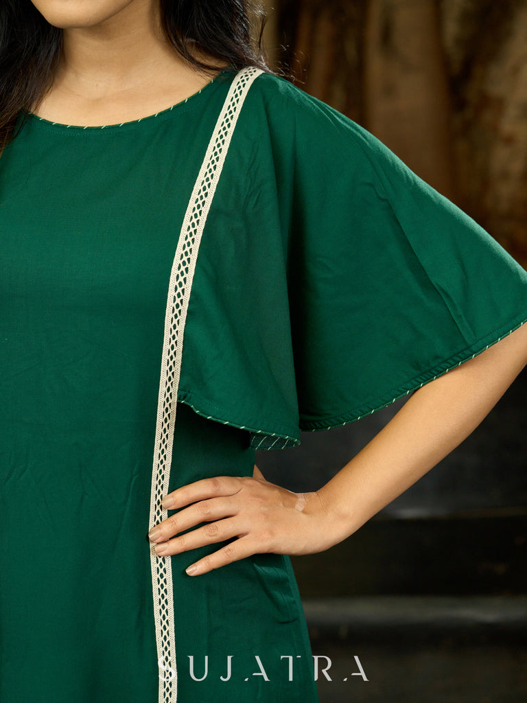 Evergreen Elegance Green Statement Sleeve Dress with Crochet Details