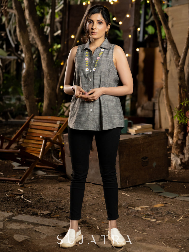 Graceful Sleeveless Grey Handloom Cotton Shirt with Hand-Embroidered Floral Accents
