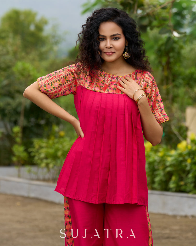 Blush Brocade Pleated Cotton-Silk Top with Additional Slit Pants