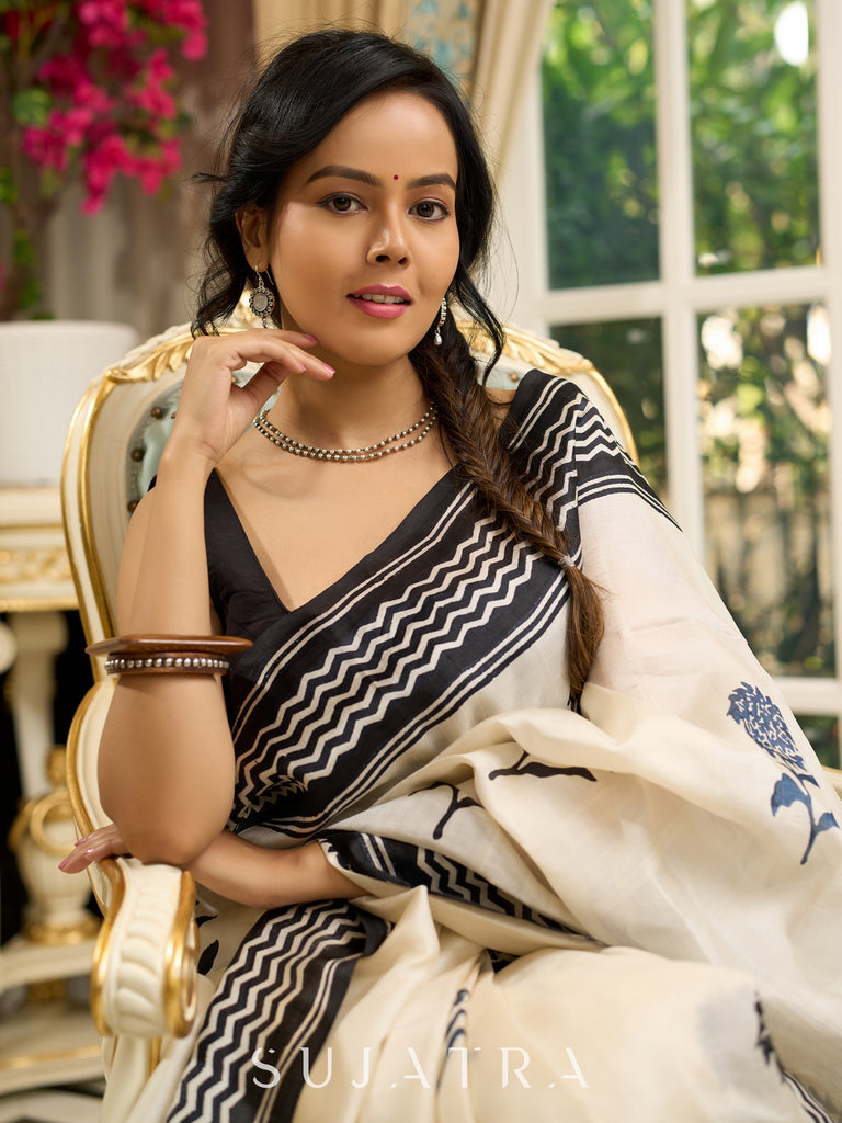 Pure silk saree with bold black block prints and timeless grace