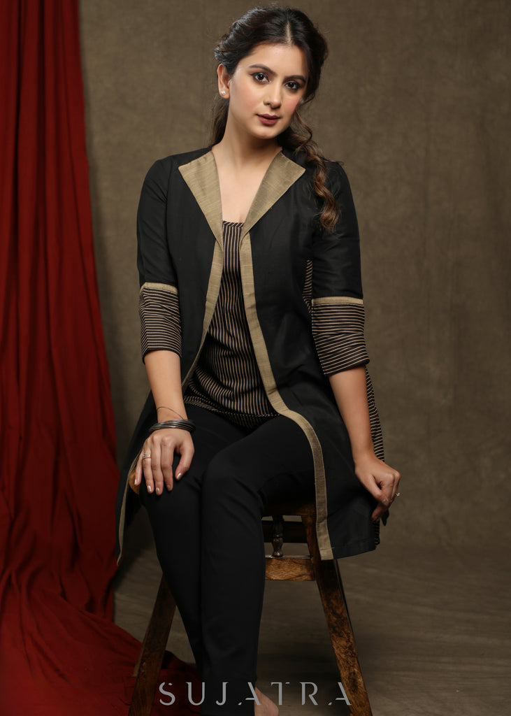 Black Cotton Silk front open tunic with Striped inner