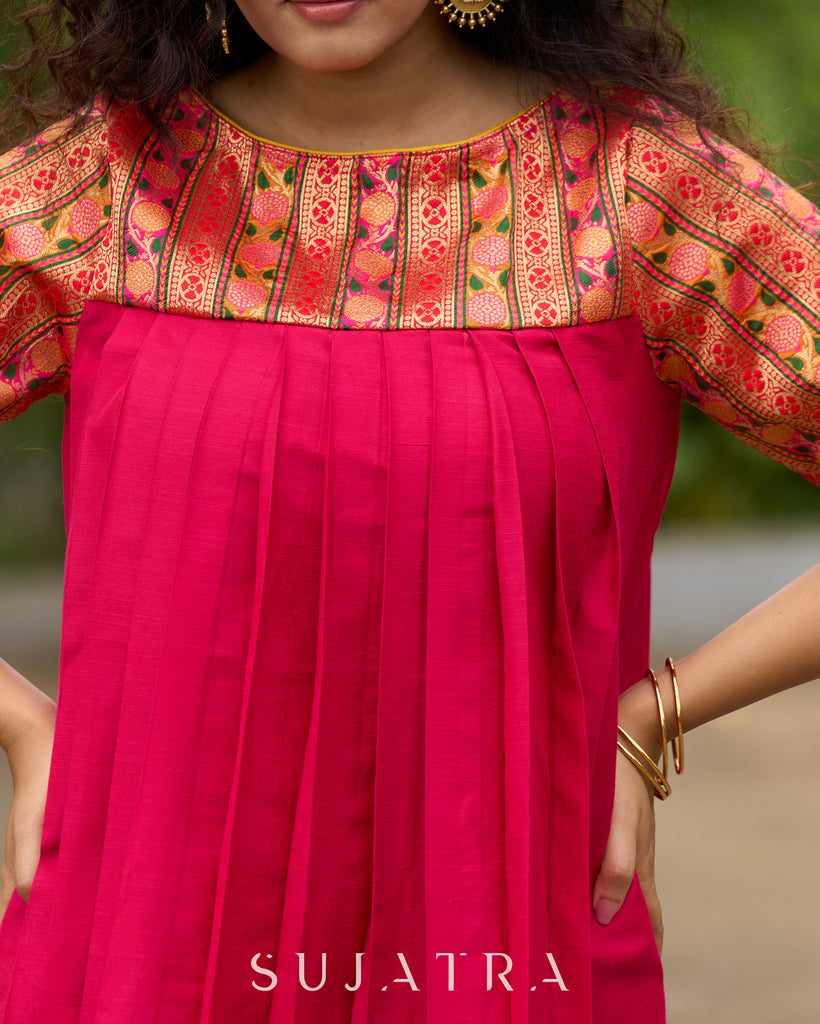 Blush Brocade Pleated Cotton-Silk Top with Additional Slit Pants