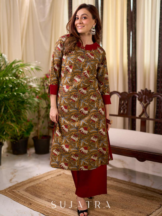 Mustard Floral Print Cotton Kurta with Maroon Collar and Cuff Detail