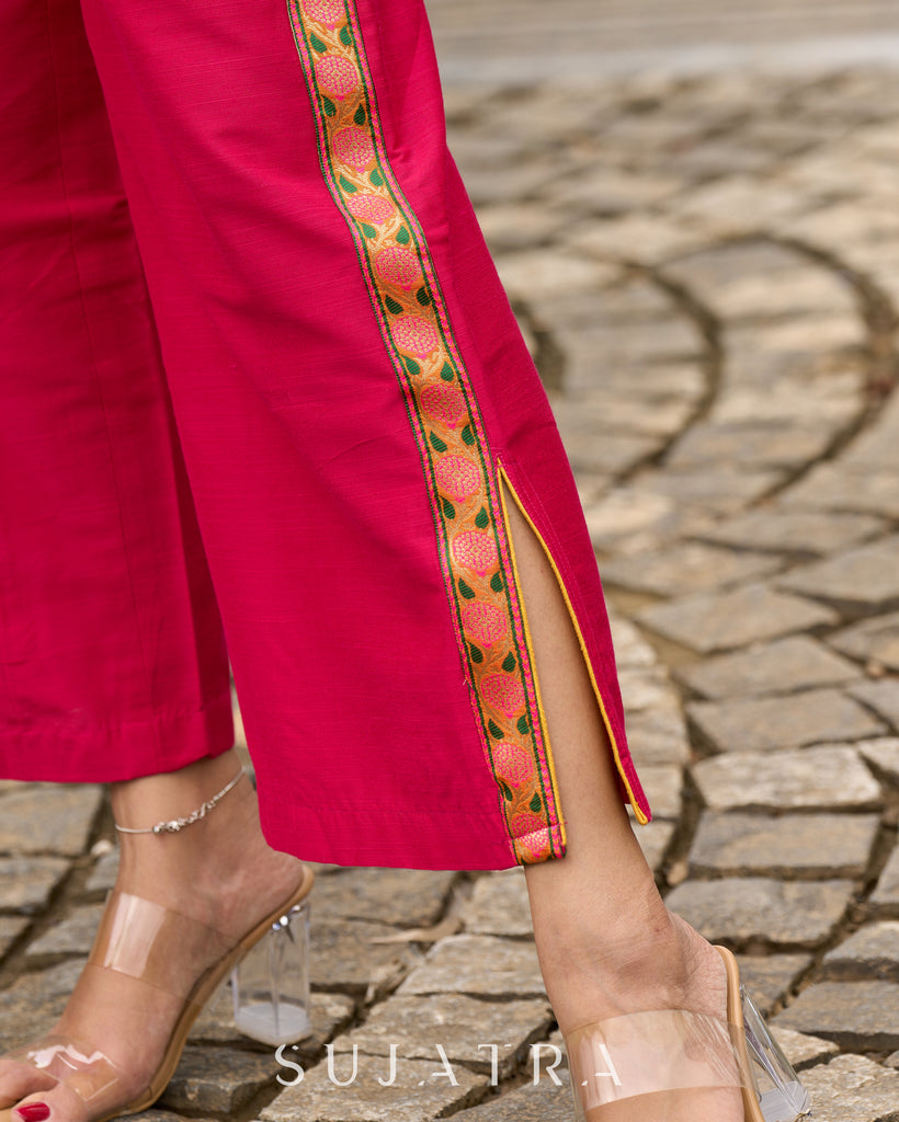 Blush Brocade Pleated Cotton-Silk Top with Additional Slit Pants