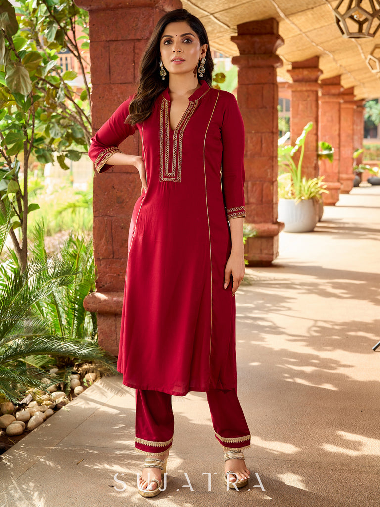 Festive maroon rayon kurta adorned with intricate hand embroidery detailing-pant optional