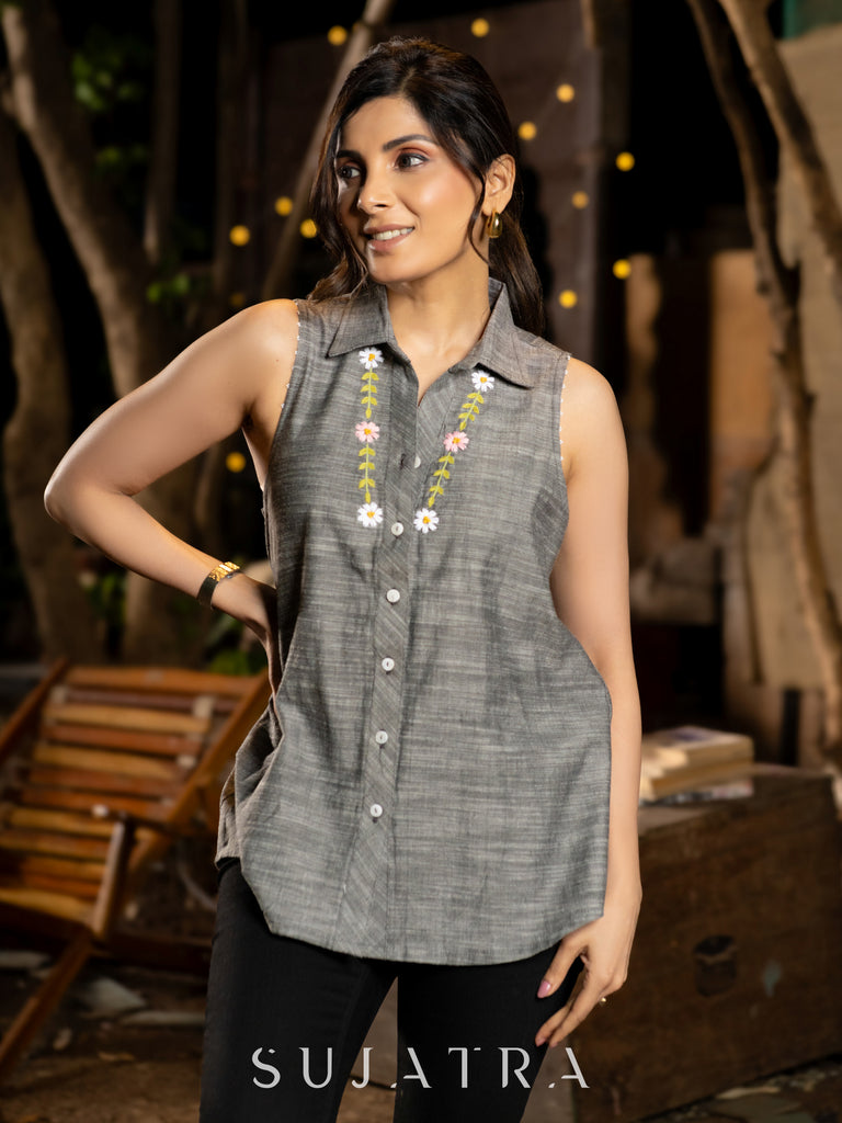 Graceful Sleeveless Grey Handloom Cotton Shirt with Hand-Embroidered Floral Accents