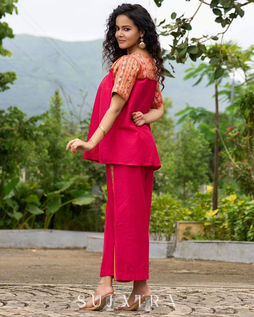 Blush Brocade Pleated Cotton-Silk Top with Additional Slit Pants
