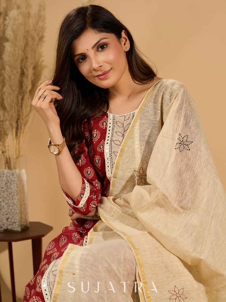 Scarlet Serenity Mirror Accent Kurta Set with Kantha Border and Dupatta