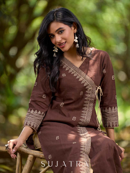 Modern Brown Cotton Overlapping Kurta with Statement Border Hand Block Design
