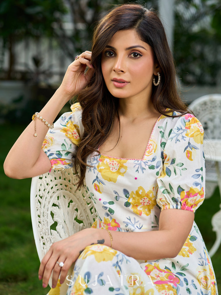 Luminous White Cotton Floral Dress with Square Neck, Contrasting Pink Accents, Flared Silhouette & Voluminous Puffy Sleeves