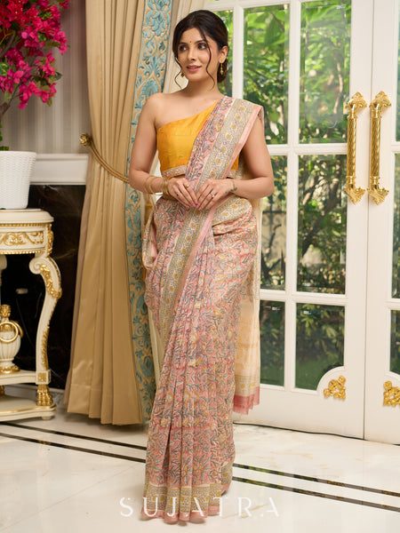 Pure Chanderi hand block printed saree in pastel floral poetry