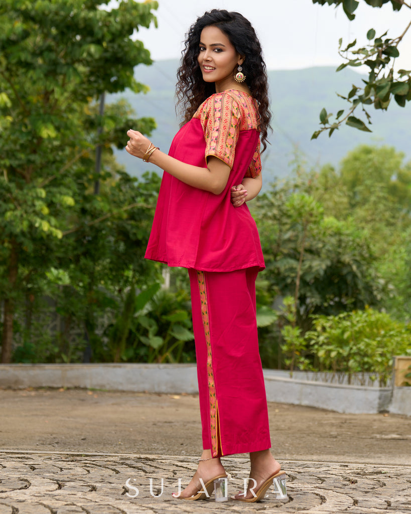 Blush Brocade Pleated Cotton-Silk Top with Additional Slit Pants