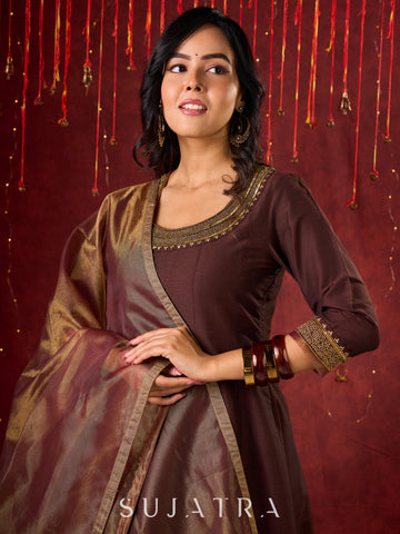 Exquisite Dark Brown Cotton Silk Kali Anarkali with Minimal Hand-Embroidered Neckline & Sleeves