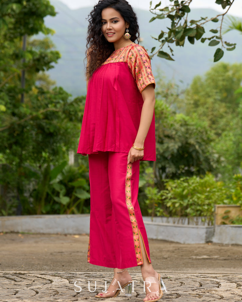 Blush Brocade Pleated Cotton-Silk Top with Additional Slit Pants