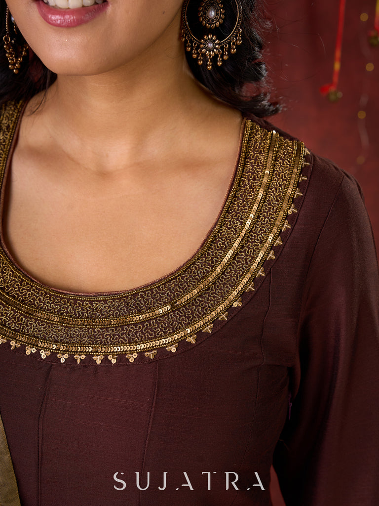 Exquisite Dark Brown Cotton Silk Kali Anarkali with Minimal Hand-Embroidered Neckline & Sleeves
