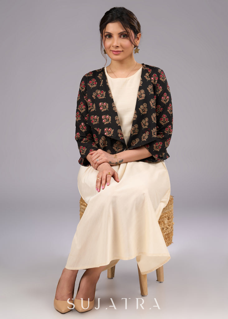 Elegant Printed Ajrakh Jacket with MirrorHand Embroidery