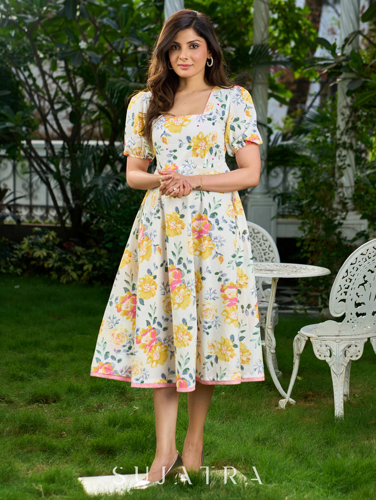Luminous White Cotton Floral Dress with Square Neck, Contrasting Pink Accents, Flared Silhouette & Voluminous Puffy Sleeves