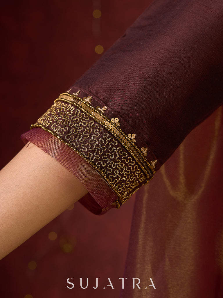 Exquisite Dark Brown Cotton Silk Kali Anarkali with Minimal Hand-Embroidered Neckline & Sleeves