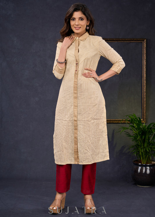 Classy-Golden-Striped-Straight-Cut-Kurta-With-Matching-Collar-,-Highlighted-With-Beautiful-Trishul-Painting--Pant-Optional