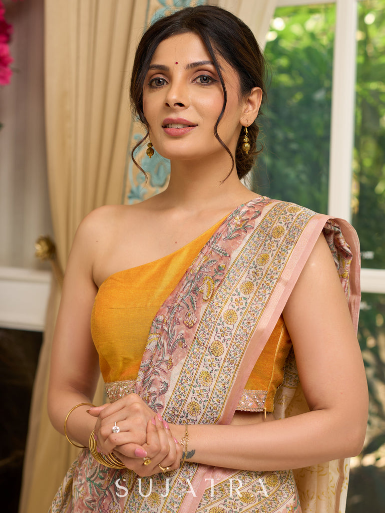 Pure Chanderi hand block printed saree in pastel floral poetry