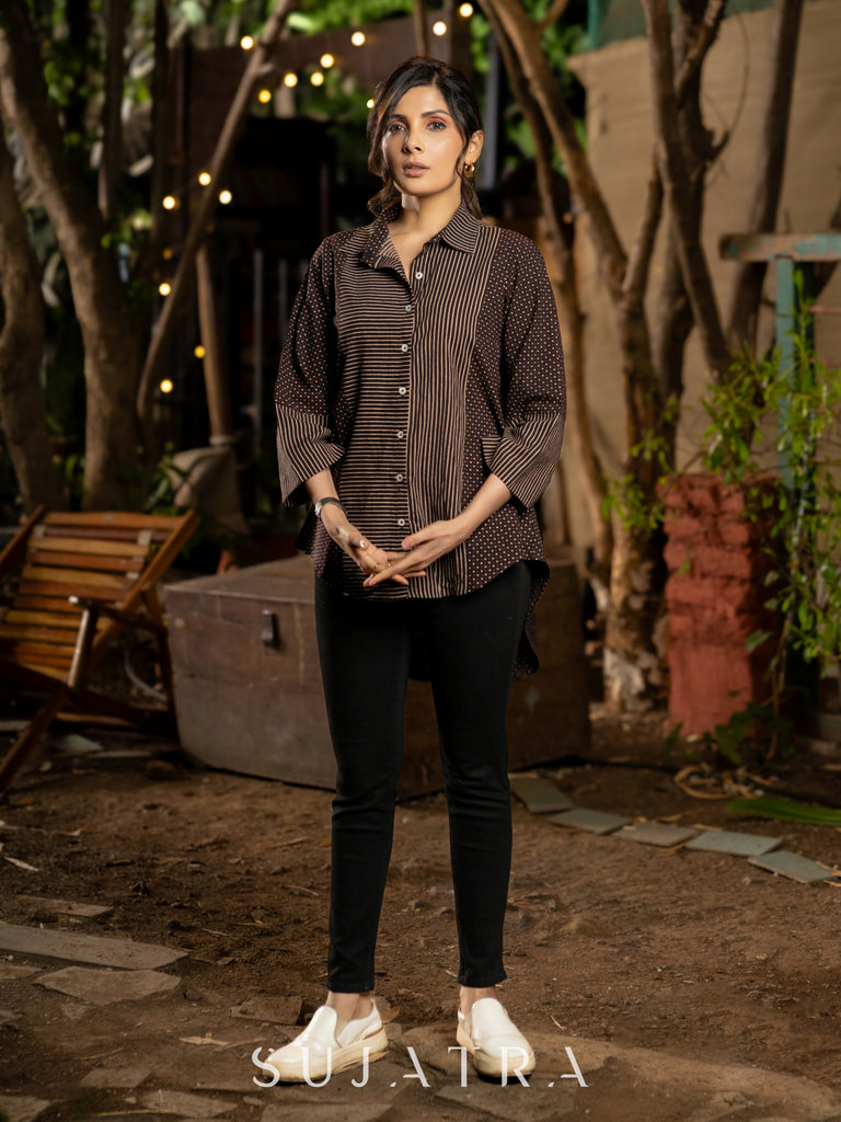 Luxe Ajrakh Lines and Dotted Black Cotton Shirt
