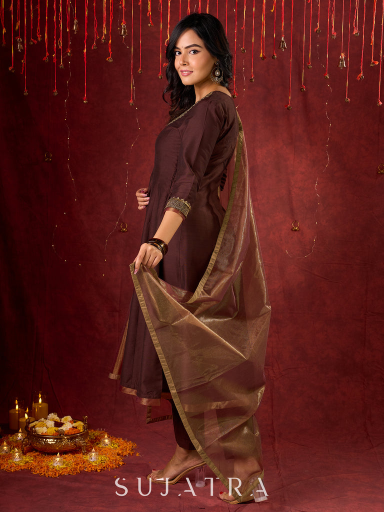 Exquisite Dark Brown Cotton Silk Kali Anarkali with Minimal Hand-Embroidered Neckline & Sleeves