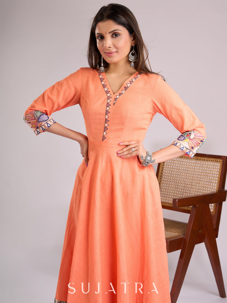 Elegant Peach Cotton Kurta with Madhubani Border & Hand Painted Neckline Detailing