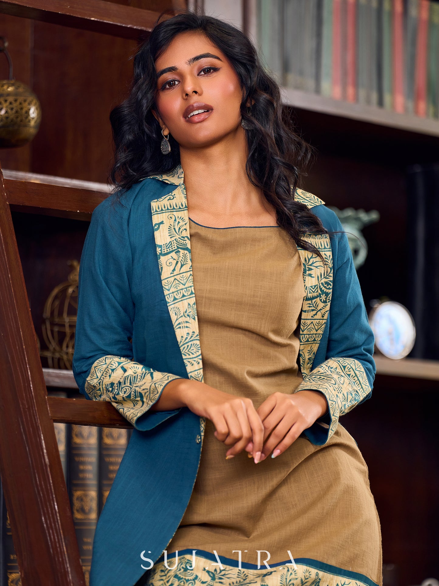 Elegant Teal Cotton Long Jacket Accented with Madhubani Printed Collar, Cuffs and Pocket Flap - Dress optional