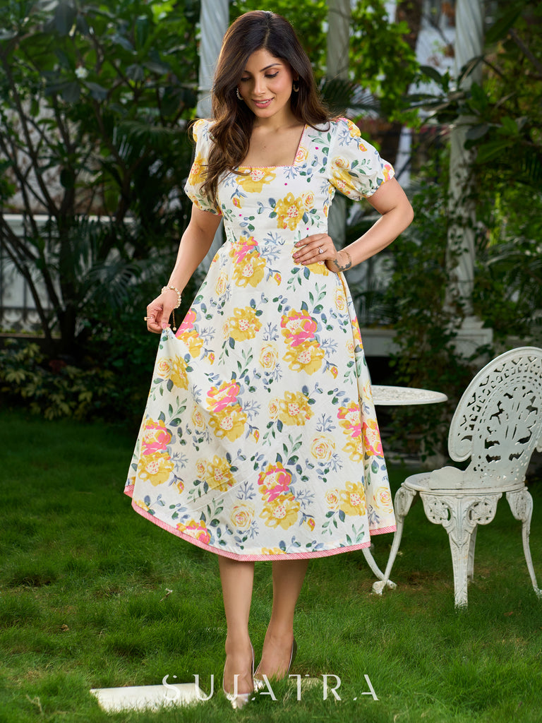 Luminous White Cotton Floral Dress with Square Neck, Contrasting Pink Accents, Flared Silhouette & Voluminous Puffy Sleeves