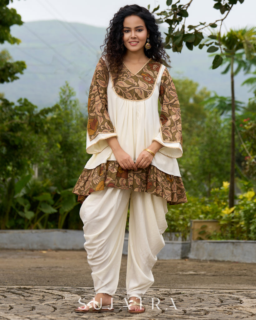 Boho Kalamkari Flared Short Tunic with Statement Sleeves - Dhoti Pant Additional