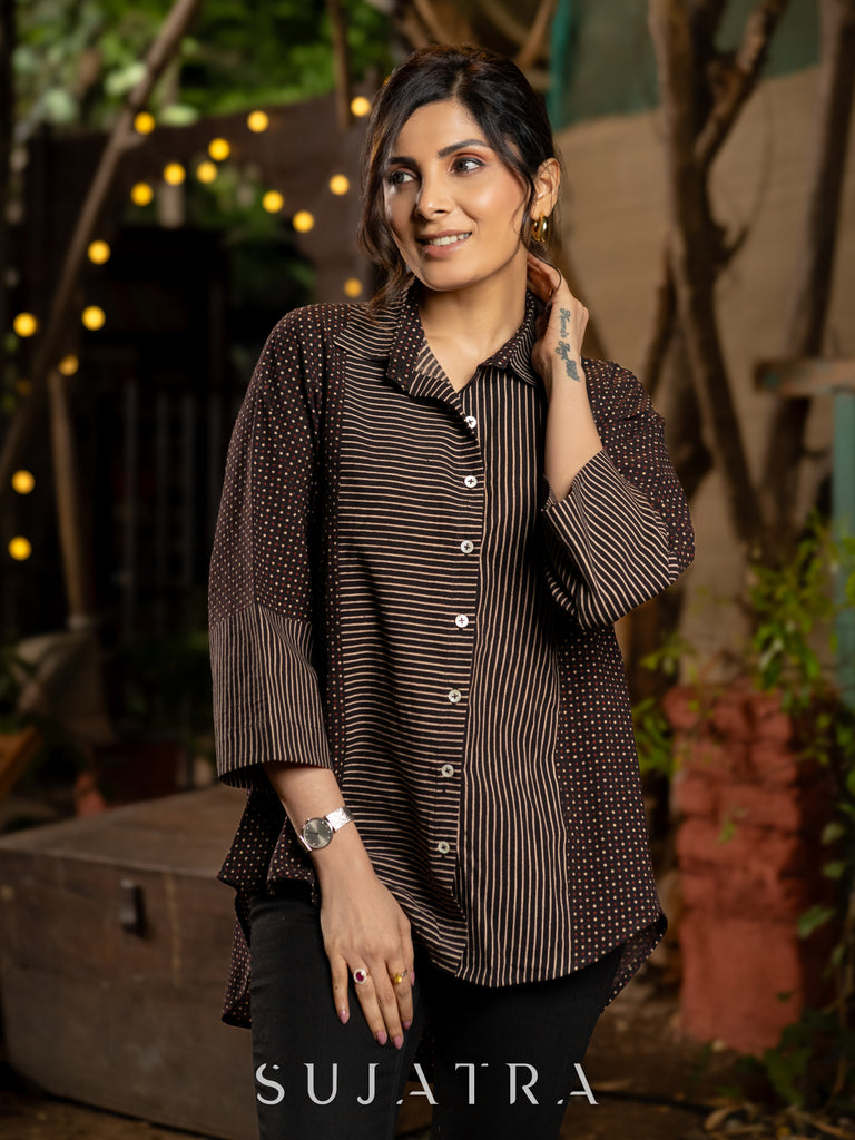 Luxe Ajrakh Lines and Dotted Black Cotton Shirt