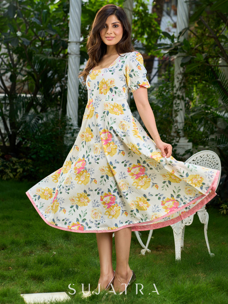 Luminous White Cotton Floral Dress with Square Neck, Contrasting Pink Accents, Flared Silhouette & Voluminous Puffy Sleeves