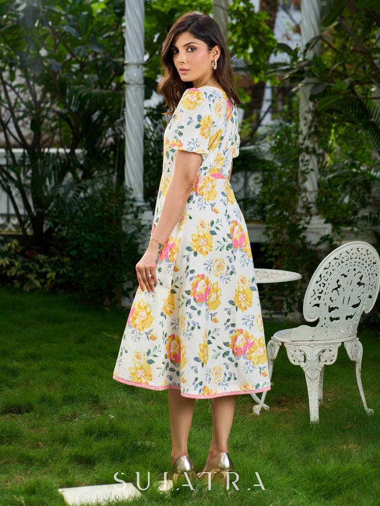 Luminous White Cotton Floral Dress with Square Neck, Contrasting Pink Accents, Flared Silhouette & Voluminous Puffy Sleeves