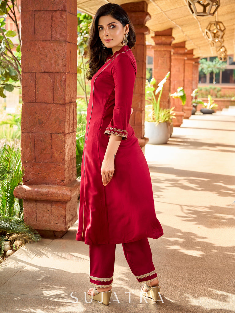 Festive maroon rayon kurta adorned with intricate hand embroidery detailing-pant optional