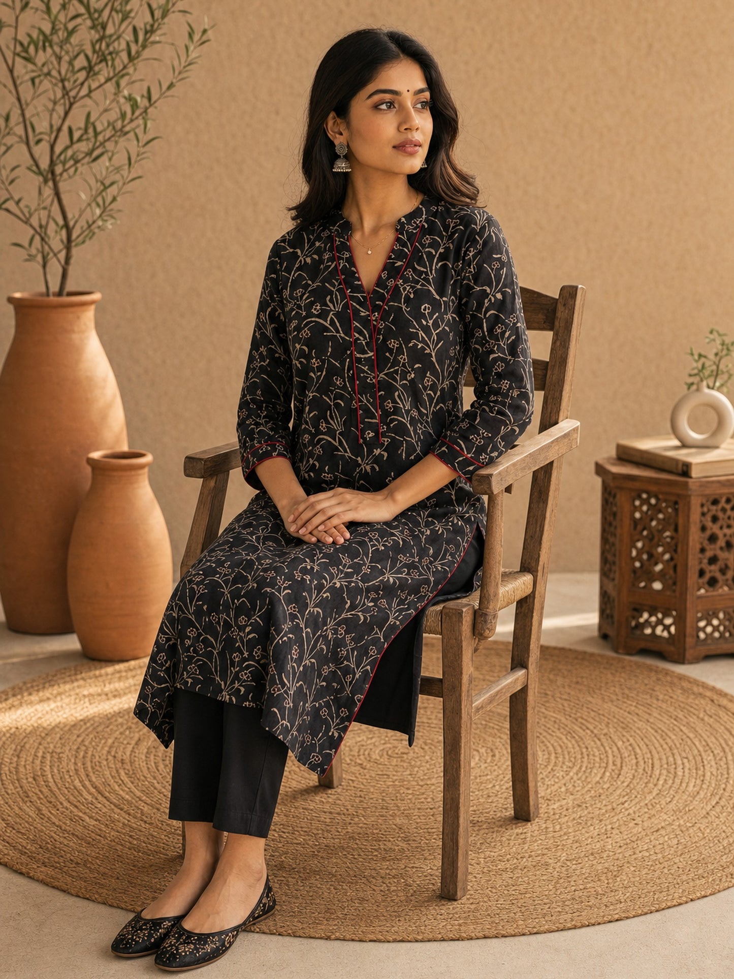 Black Cotton Silk Tailored Pencil Pant