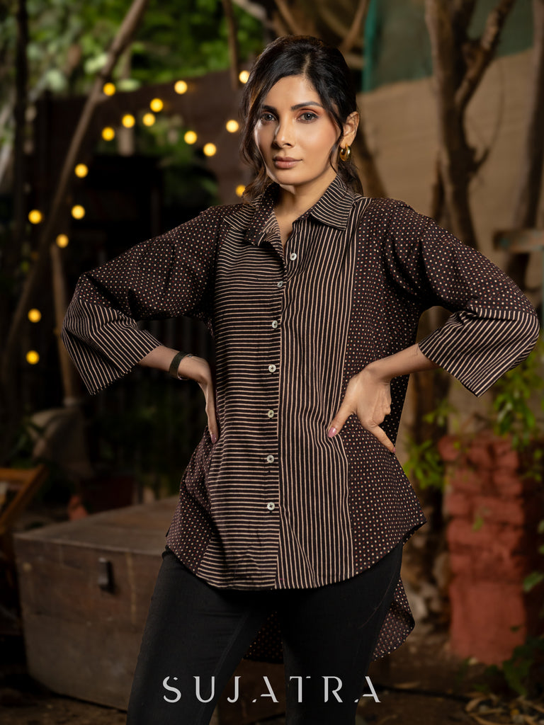 Luxe Ajrakh Lines and Dotted Black Cotton Shirt