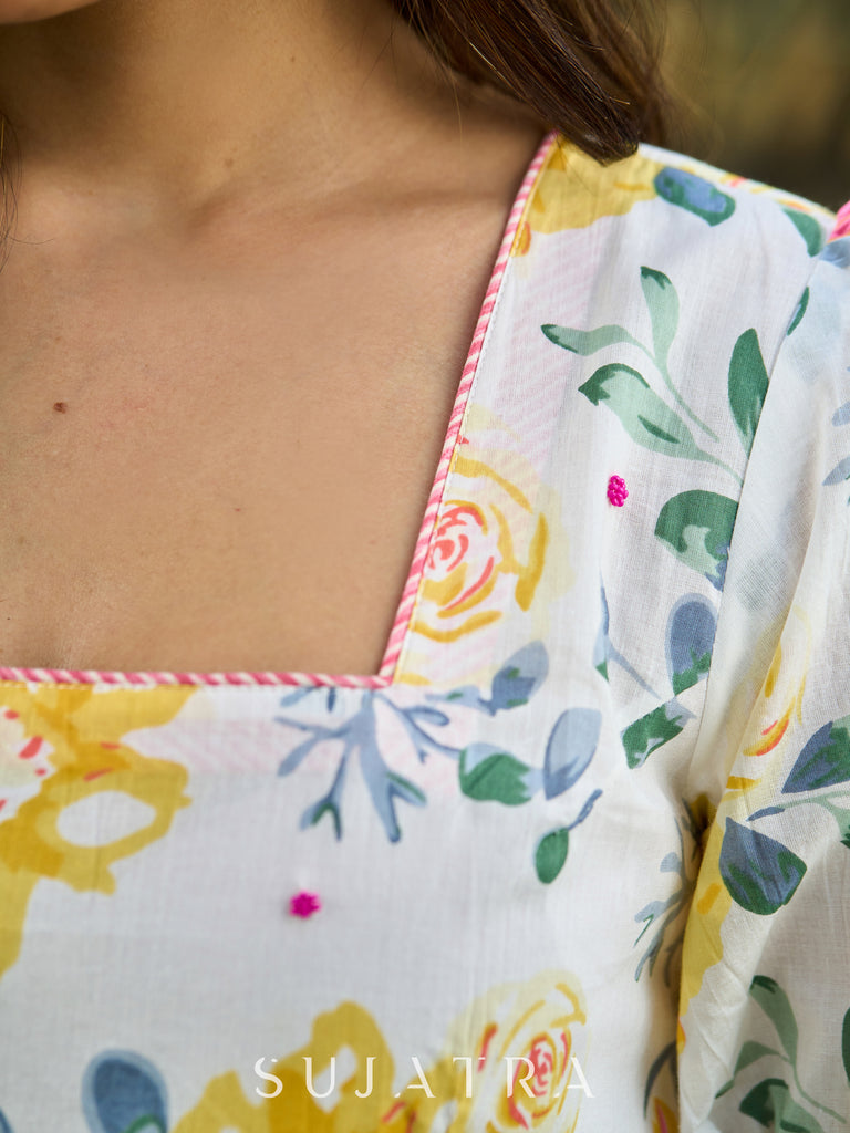 Luminous White Cotton Floral Dress with Square Neck, Contrasting Pink Accents, Flared Silhouette & Voluminous Puffy Sleeves