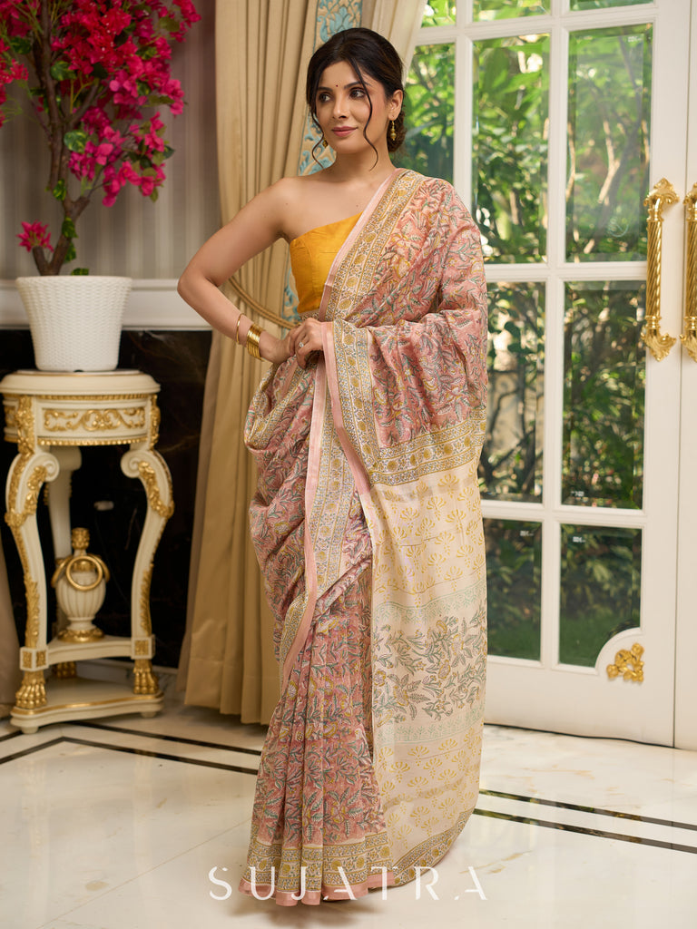 Pure Chanderi hand block printed saree in pastel floral poetry