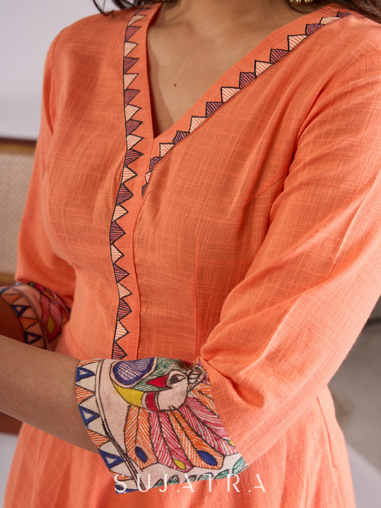 Elegant Peach Cotton Kurta with Madhubani Border & Hand Painted Neckline Detailing