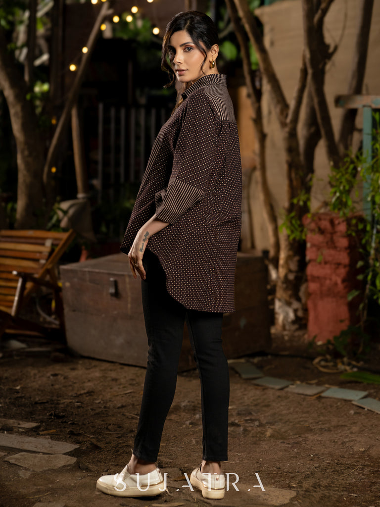 Luxe Ajrakh Lines and Dotted Black Cotton Shirt