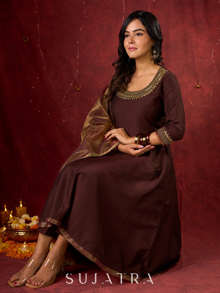 Exquisite Dark Brown Cotton Silk Kali Anarkali with Minimal Hand-Embroidered Neckline & Sleeves