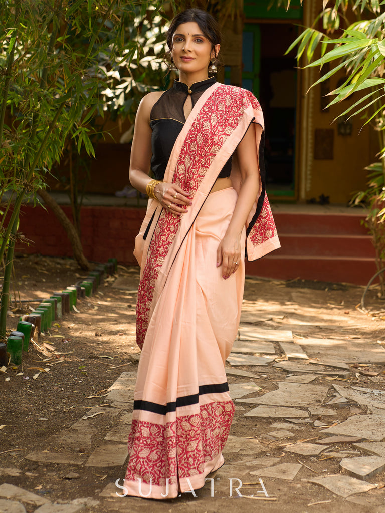 Peach Blossom Modal Saree with Block Print combination & bold black border