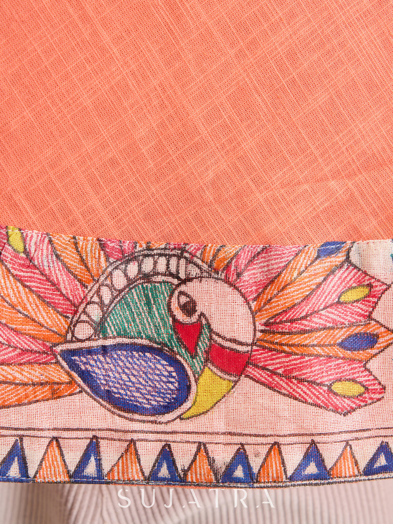 Elegant Peach Cotton Kurta with Madhubani Border & Hand Painted Neckline Detailing