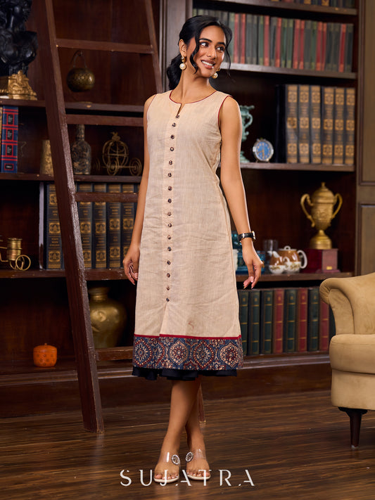 Charming Beige A-Line Dress With Ajrakh Border, Maroon Touches And Statement Buttons