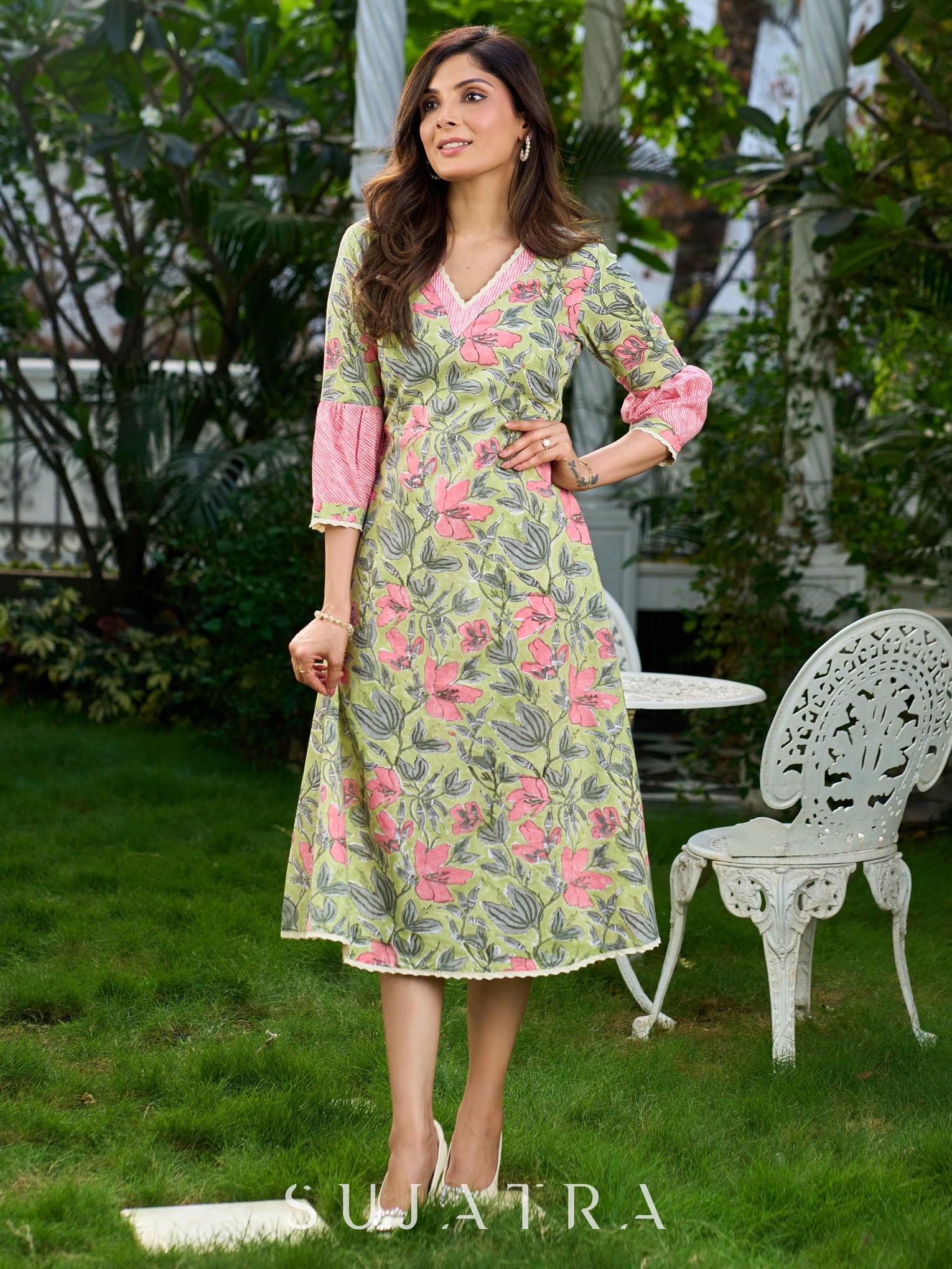 Graceful Pista Green Dress with Contrasting Pink Touches and Lace Deta –  Sujatra