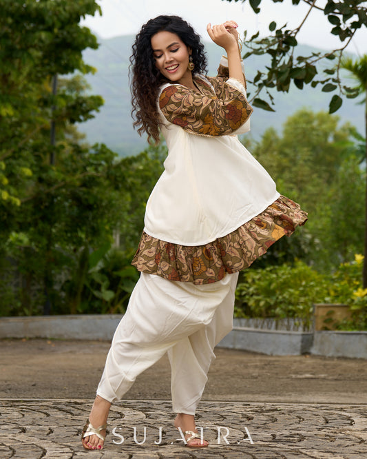 Boho Kalamkari Flared Short Tunic with Statement Sleeves - Dhoti Pant Additional