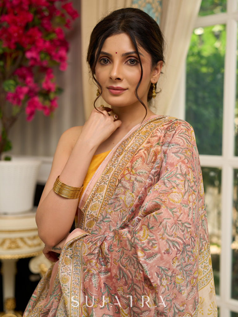 Pure Chanderi hand block printed saree in pastel floral poetry