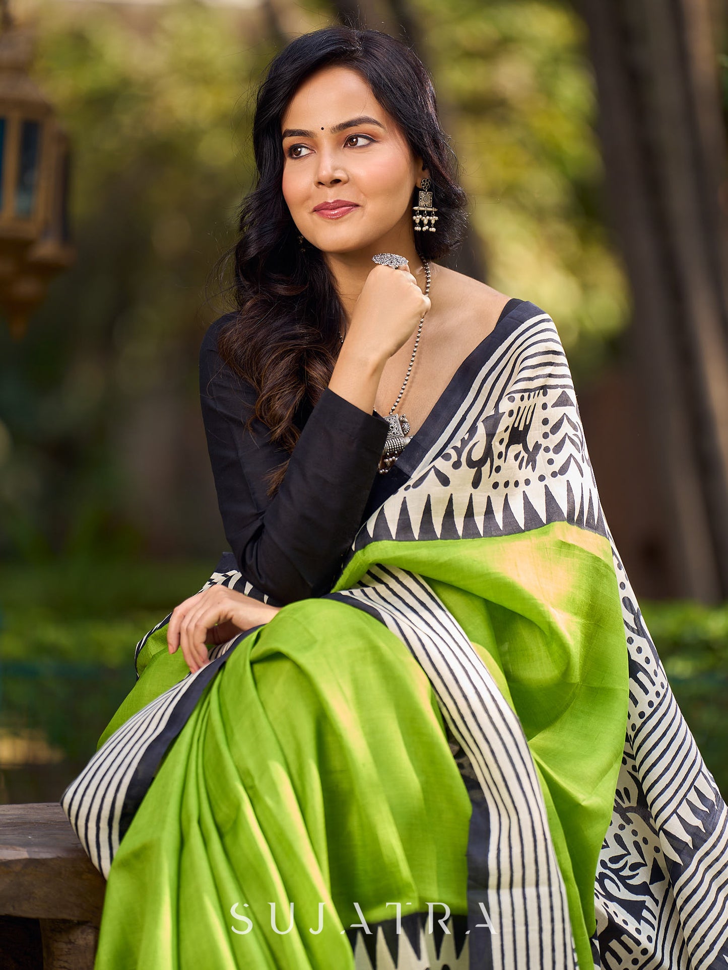 Classic Black Cotton Silk Full Sleeves Blouse with Sweetheart Neckline