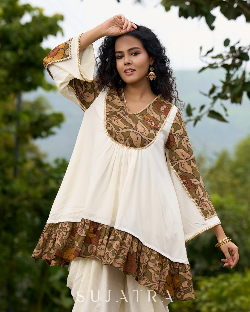 Boho Kalamkari Flared Short Tunic with Statement Sleeves - Dhoti Pant Additional
