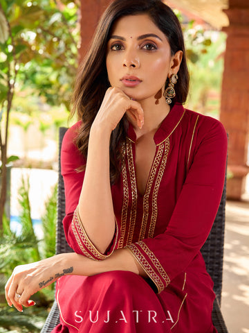 Festive maroon rayon kurta adorned with intricate hand embroidery detailing-pant optional